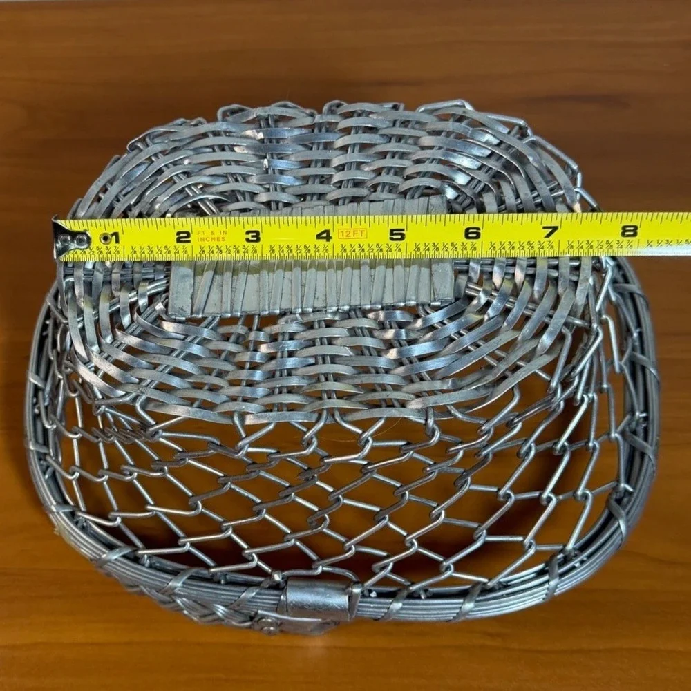 Handmade Vintage Aluminum Woven Wire Basket with Braided Handle Silver Tone Met